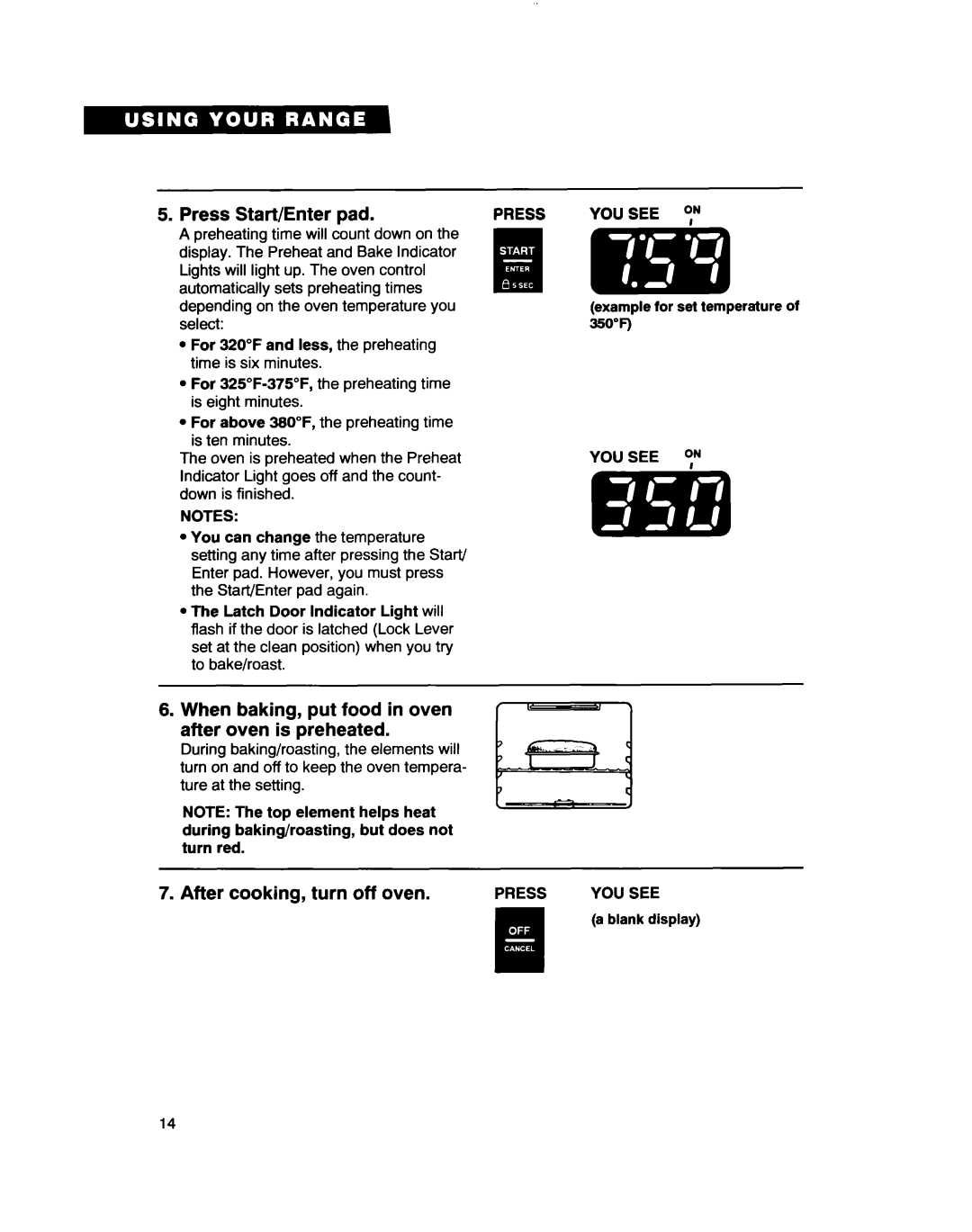 Whirlpool RF363PXD, RF361 BXD warranty Press Start/Enter Pad, When baking, put food in oven after oven is preheated 