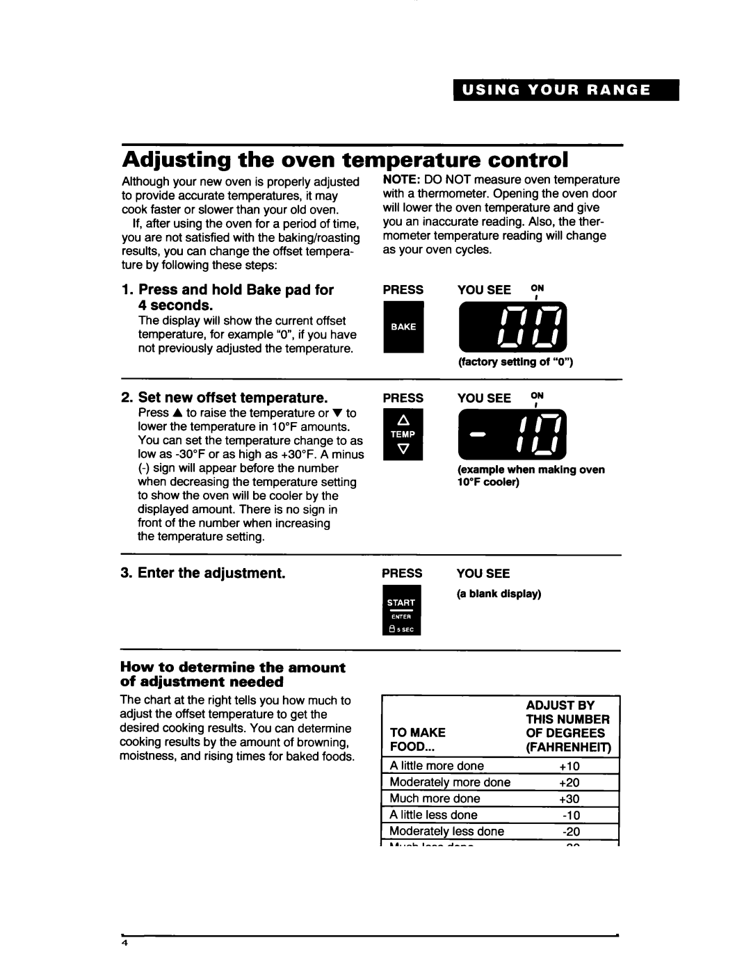 Whirlpool RF361 BXD, RF363PXD warranty Adjusting the oven temperature control, Press and hold Bake pad for Seconds 