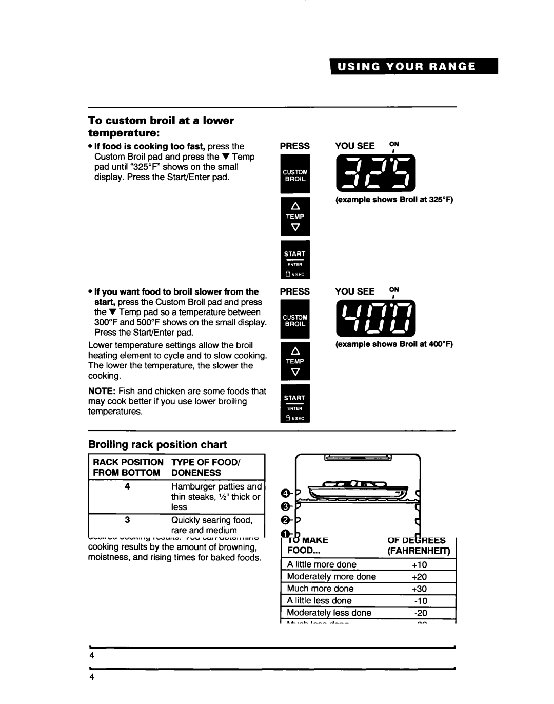 Whirlpool RF361 BXD To custom broil at a lower temperature, Broiling rack position chart, Irack Position MPE of Food 