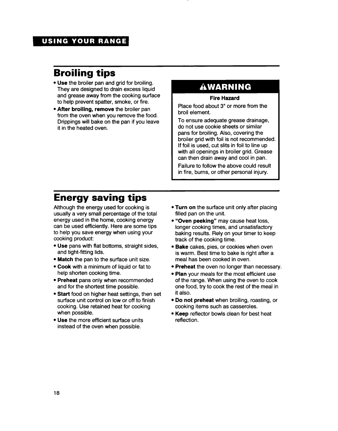 Whirlpool RF363PXD, RF361 BXD warranty Broiling tips, Energy saving tips 