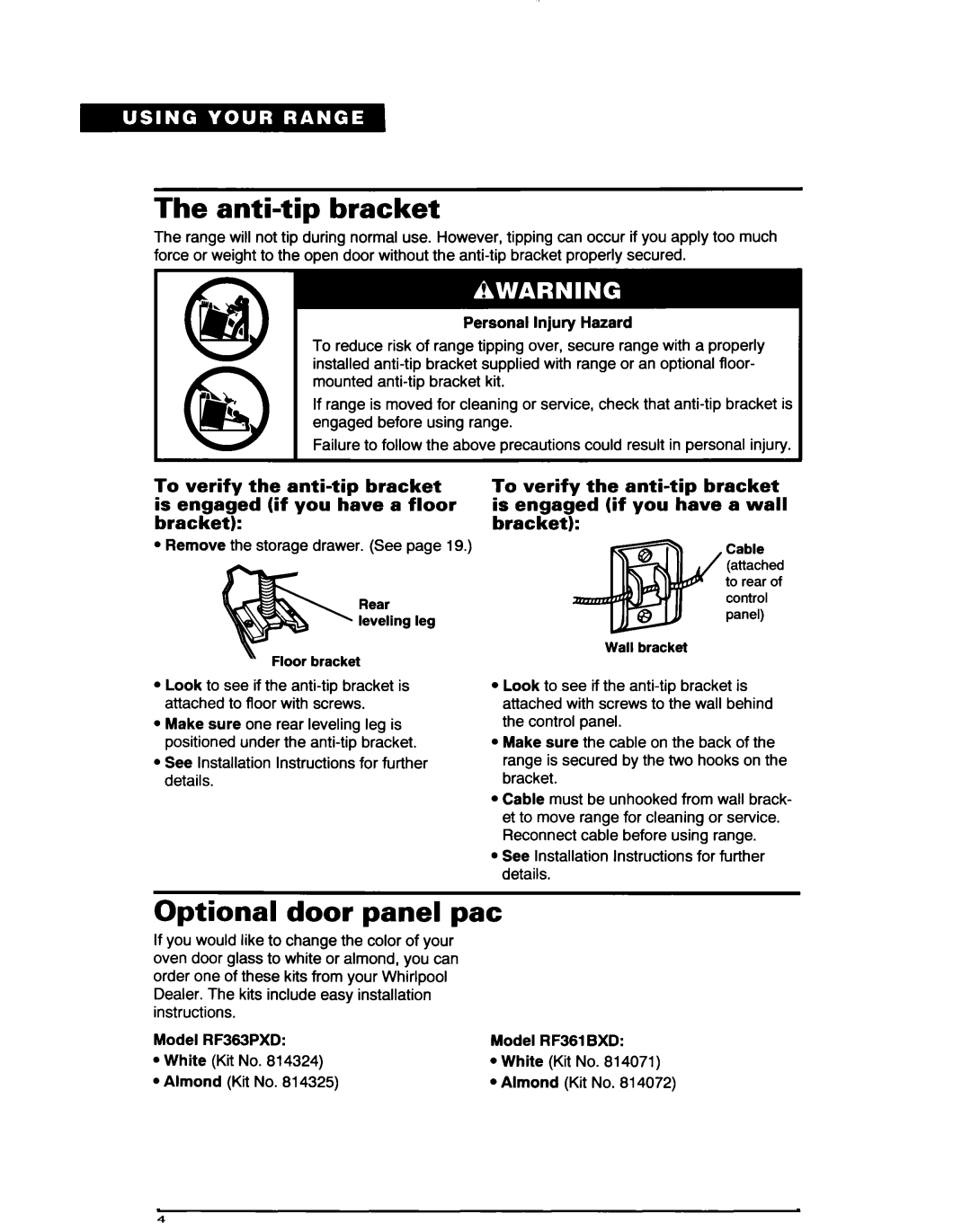 Whirlpool RF363PXD, RF361 BXD warranty Anti-tip bracket, Optional door panel pat, Verify Anti-tip Bracket, Ket 