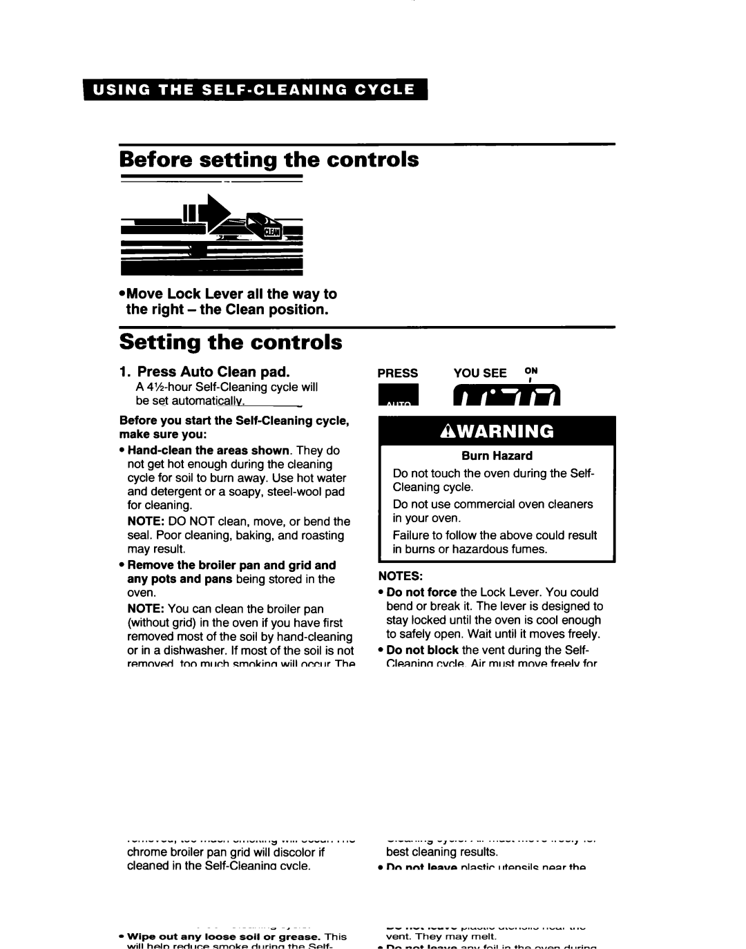 Whirlpool RF363PXD, RF361 BXD warranty Before setting the controls, Setting the controls, Press Auto Clean pad 