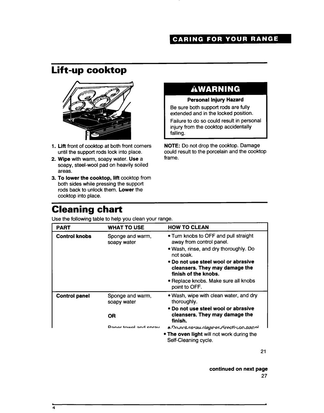 Whirlpool RF361 BXD, RF363PXD warranty Lift-up cooktop, Cleaning chart, Part What To USE, HOW to Clean 