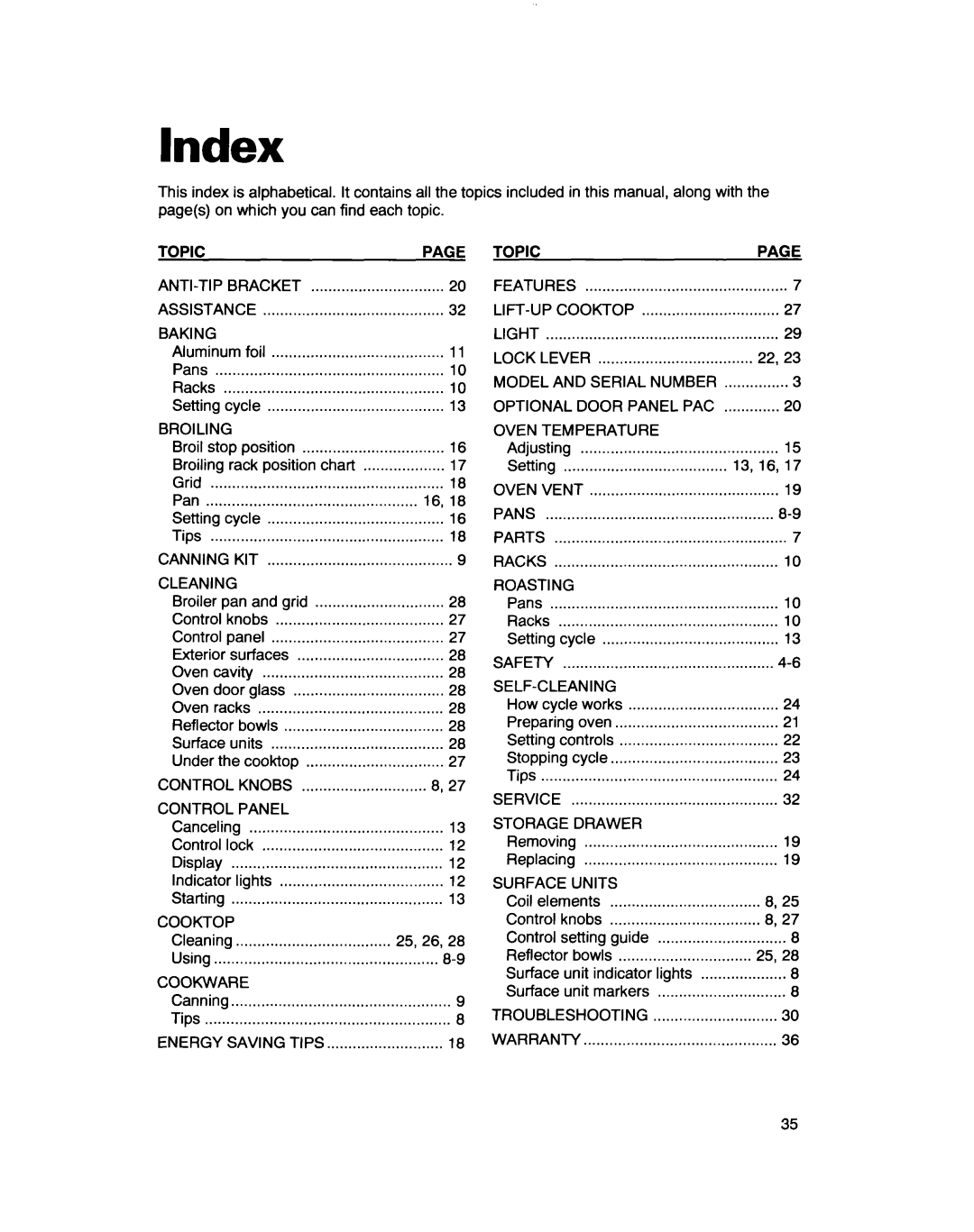 Whirlpool RF361 BXD, RF363PXD warranty Index 