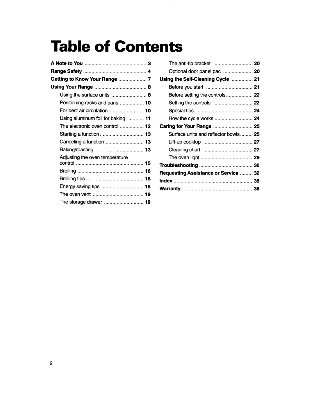 Whirlpool RF363PXD, RF361 BXD warranty Table of Contents 