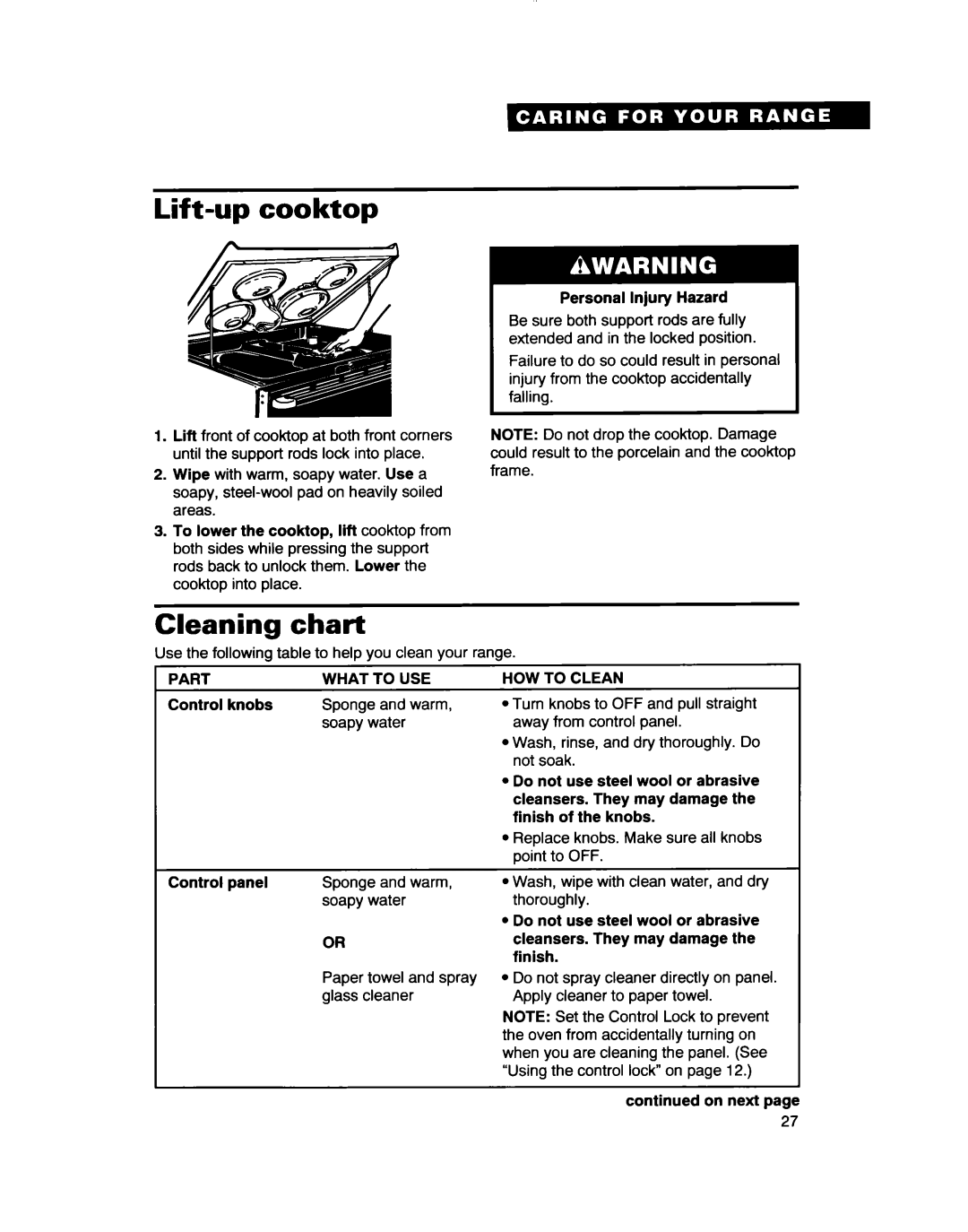 Whirlpool RF361 BXD, RF363PXD warranty Lift-upcooktop, Cleaning chart 