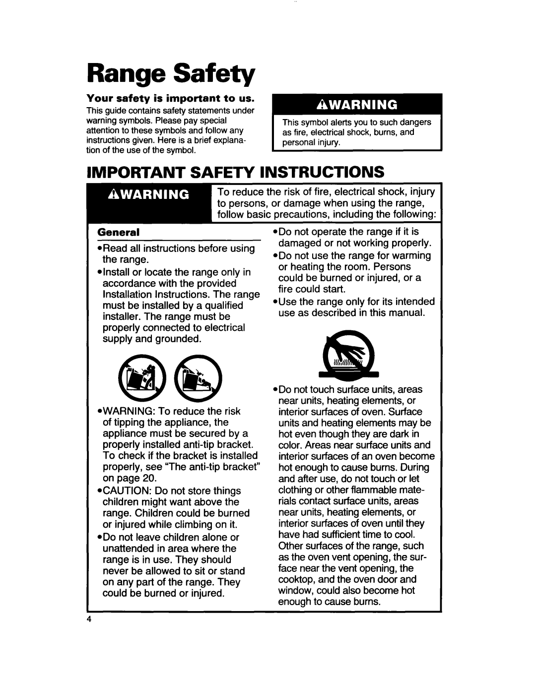 Whirlpool RF363PXD, RF361 BXD warranty Range Safety, Important Safety Instructions 