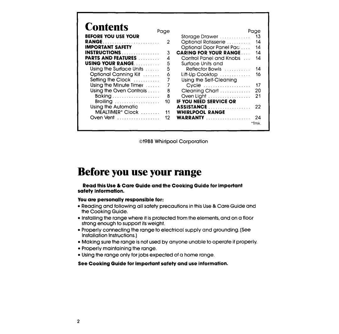 Whirlpool RF363PXVT manual Contents, Before you use your range 