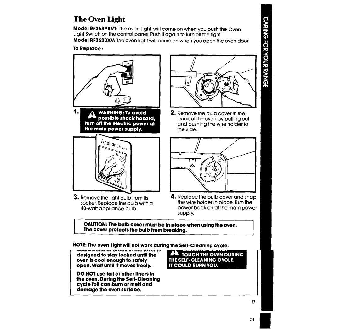 Whirlpool RF363PXVT manual Oven Light 