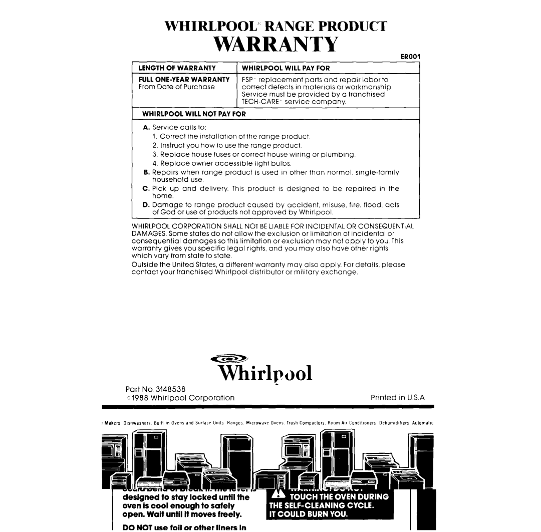 Whirlpool RF363PXVT manual Warranty 