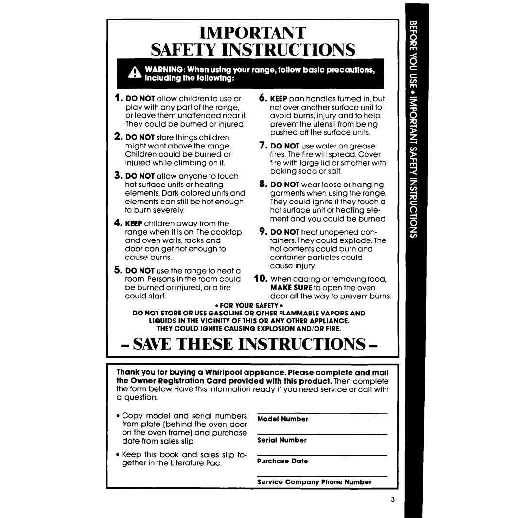 Whirlpool RF363PXVT manual Safety Instructions 