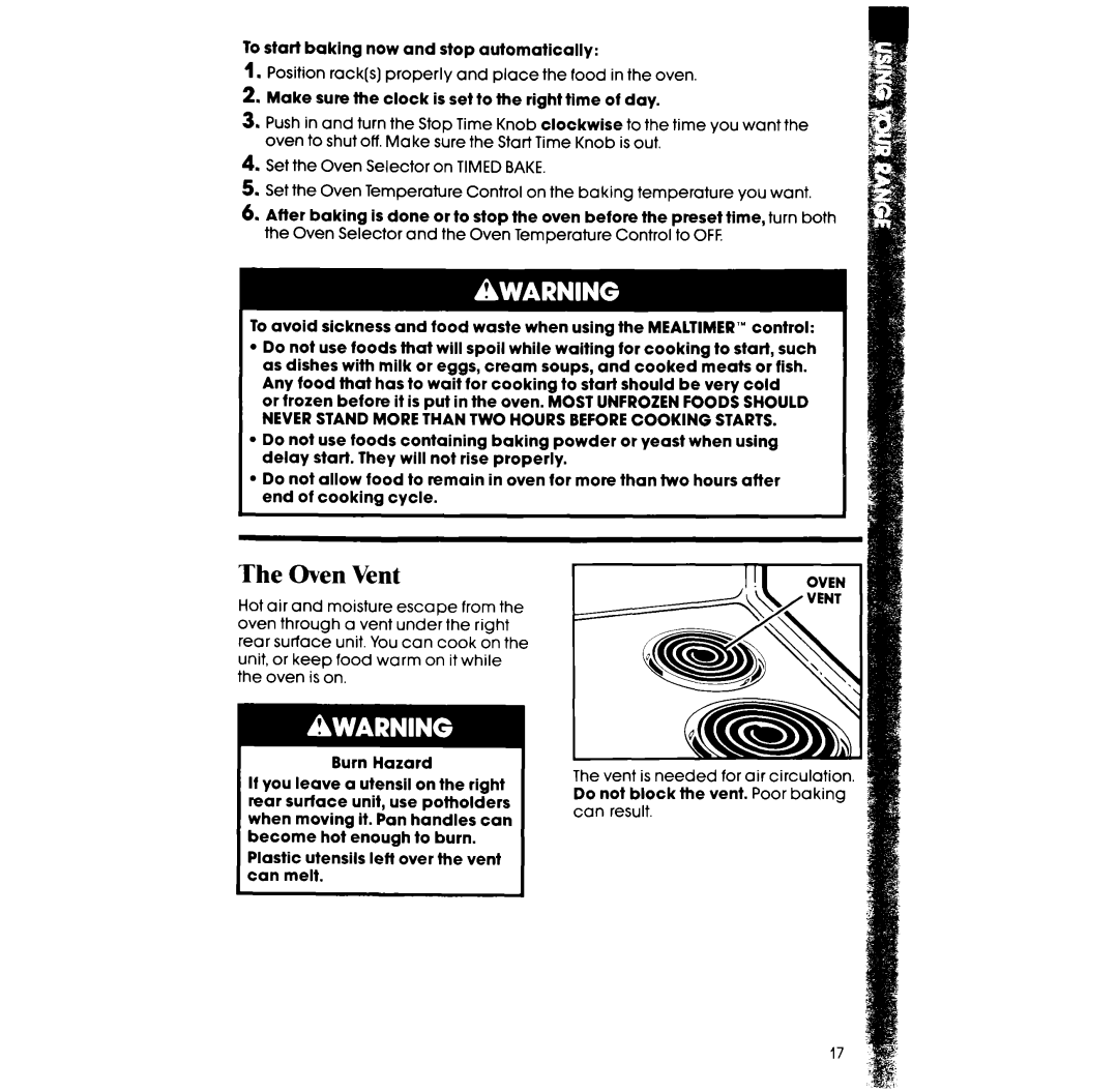 Whirlpool RF3620XV, RF363PXW manual Oven Vent, To start baking now and stop automatically 