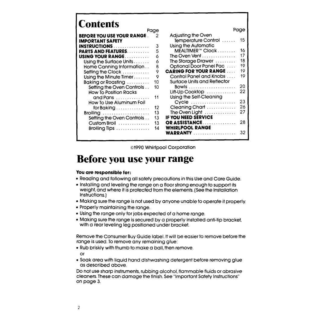 Whirlpool RF363PXW, RF3620XV manual Contents 