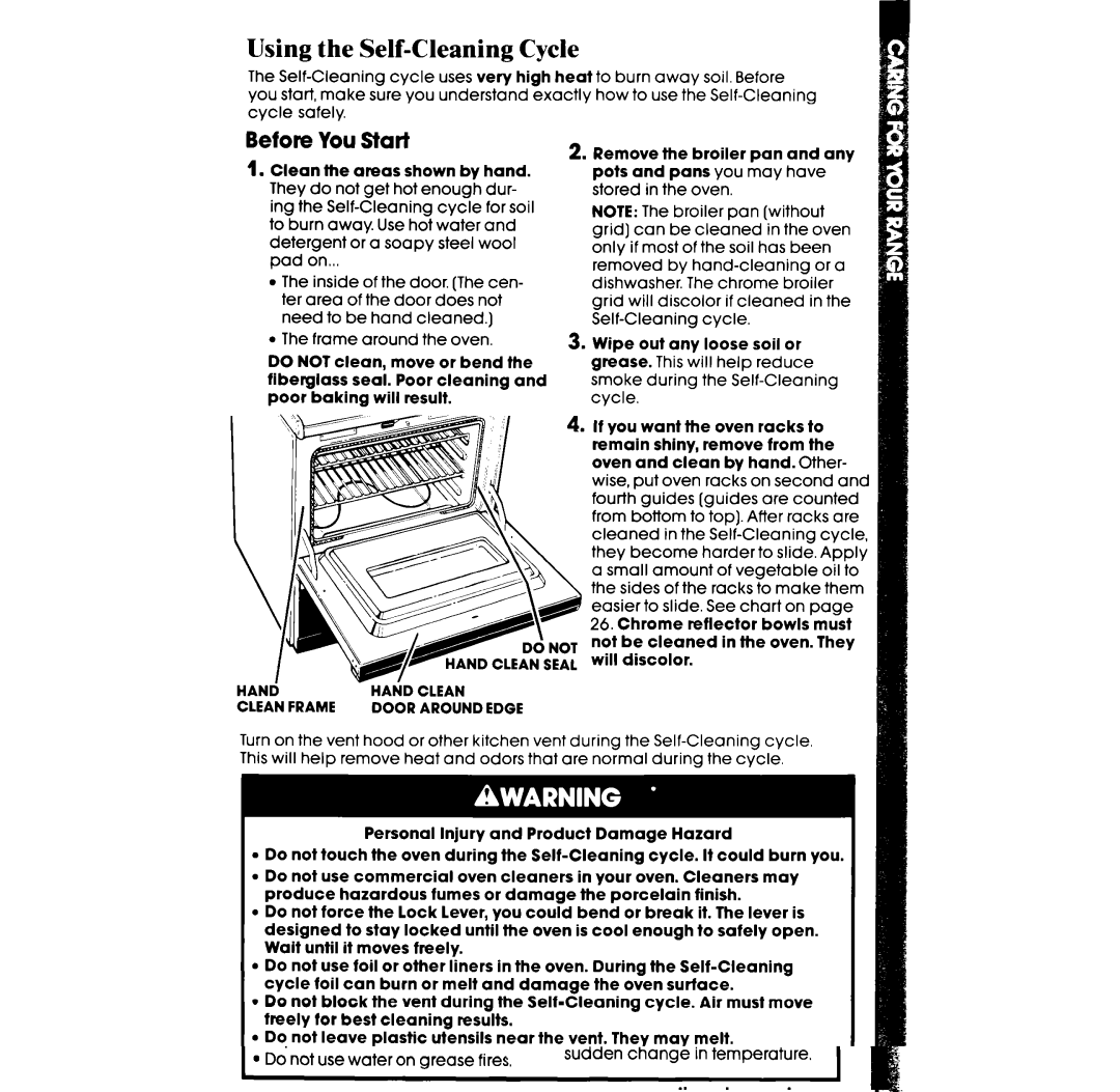 Whirlpool RF3620XV, RF363PXW manual Using the Self-Cleaning Cycle, Before You Start, Clean the areas shown by hand 