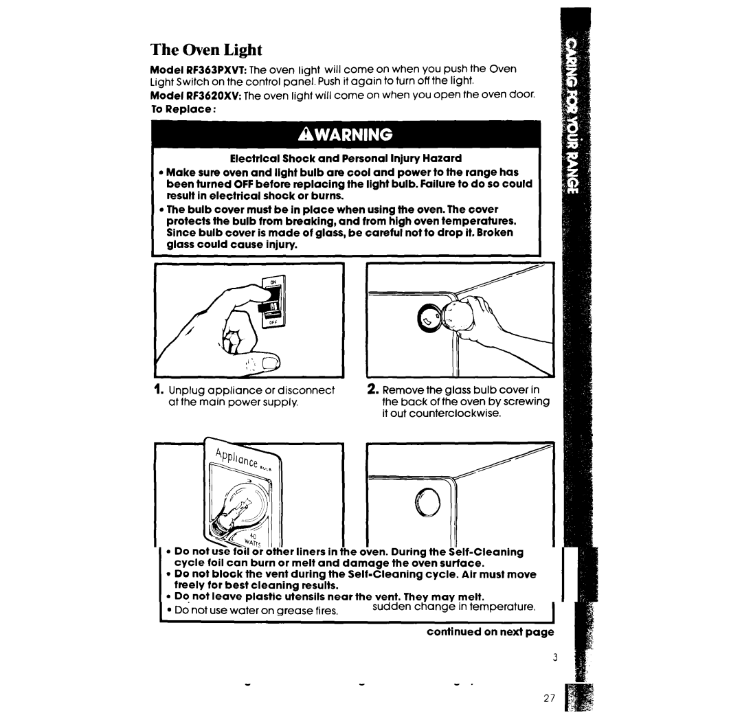 Whirlpool RF3620XV, RF363PXW manual Oven Light 