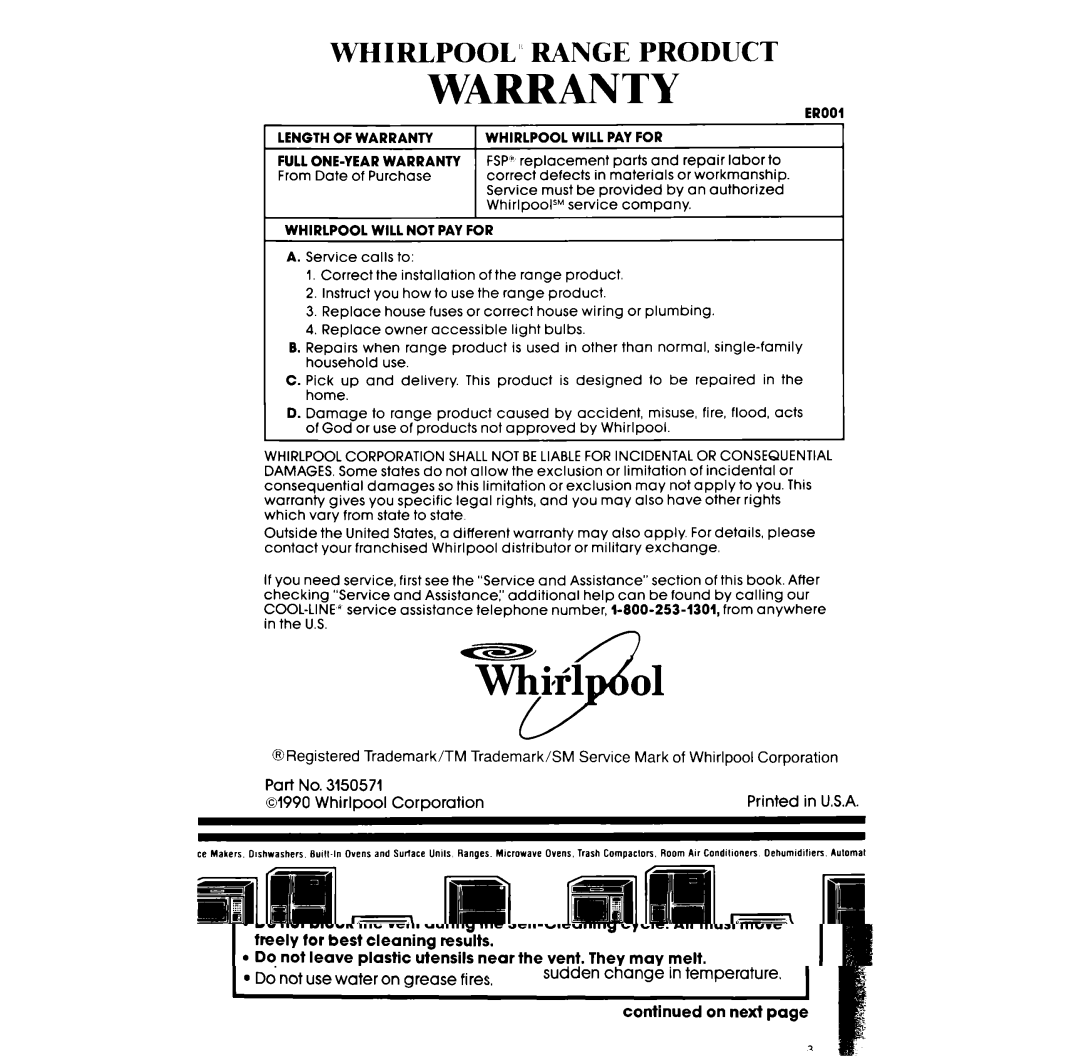 Whirlpool RF363PXW, RF3620XV manual Warranty 