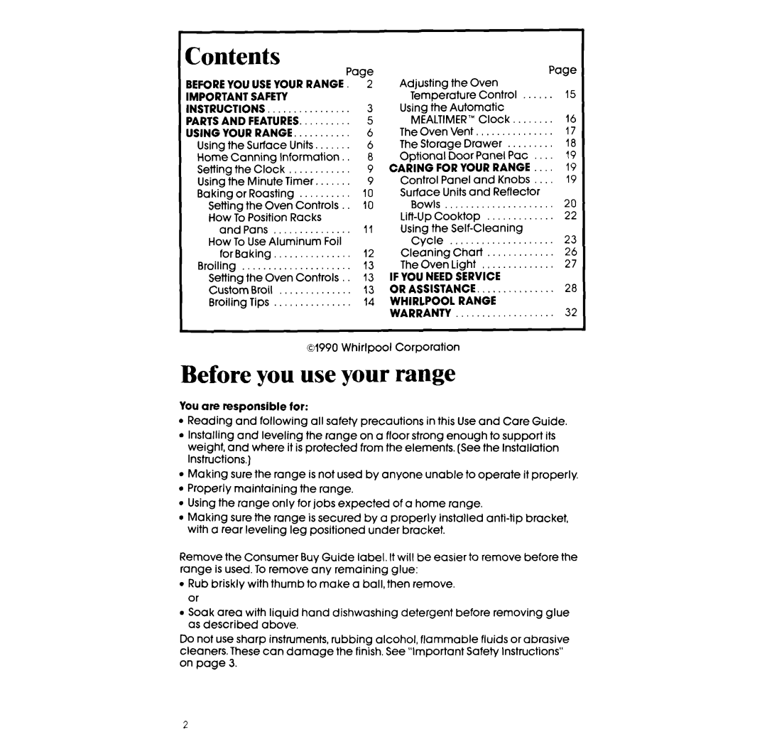 Whirlpool RF363PXW, RF3620XV manual Contents, Before you use your range 