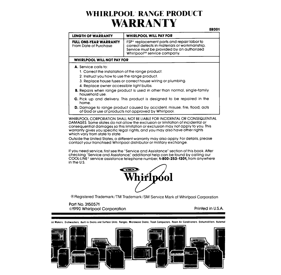 Whirlpool RF363PXW, RF3620XV manual Warranty, Whirlpool’ Range Product 