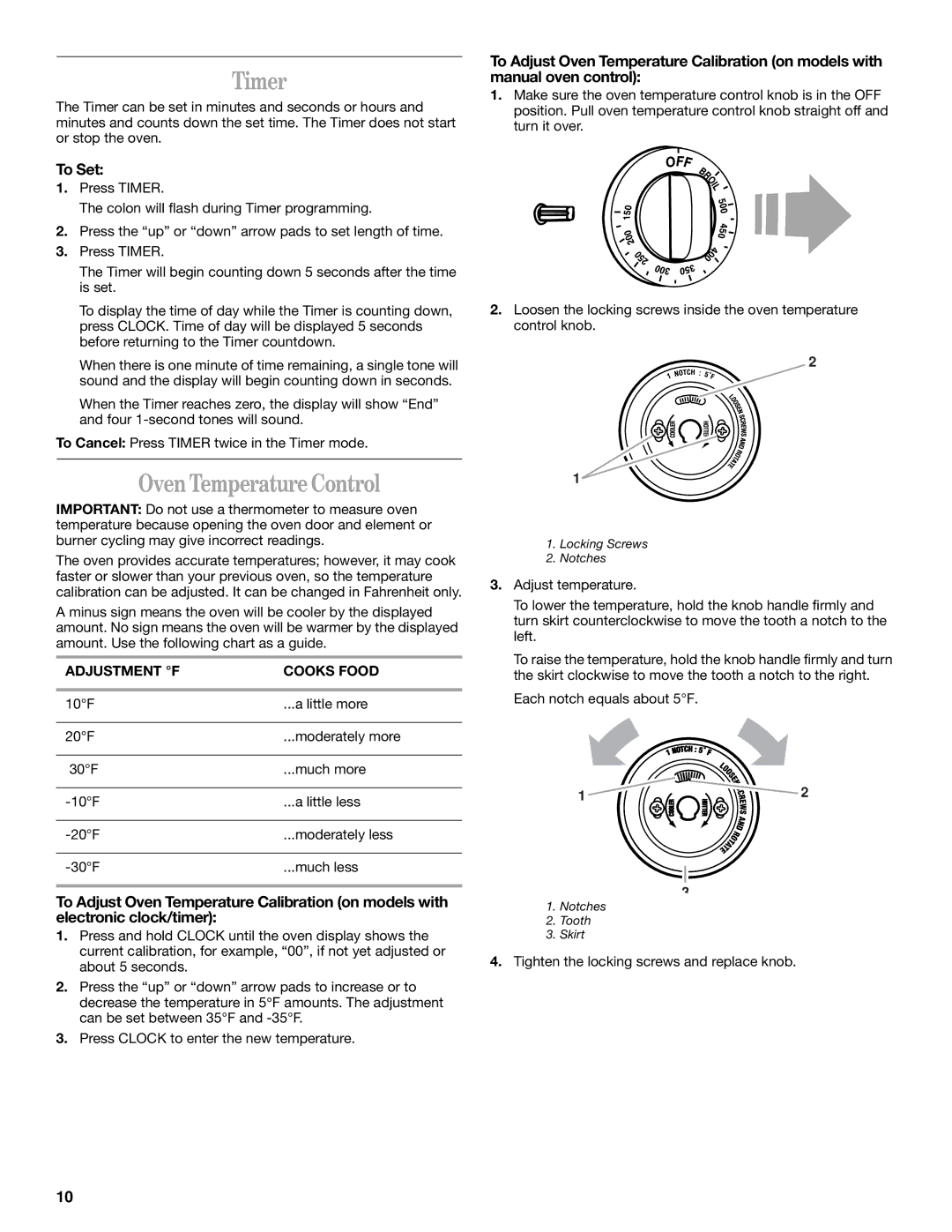 Whirlpool RF340BXH, RF364BXG, RF366PXG, RF365PXG, RF362BXG, RF341BXH Timer, Oven Temperature Control, Adjustment F Cooks Food 