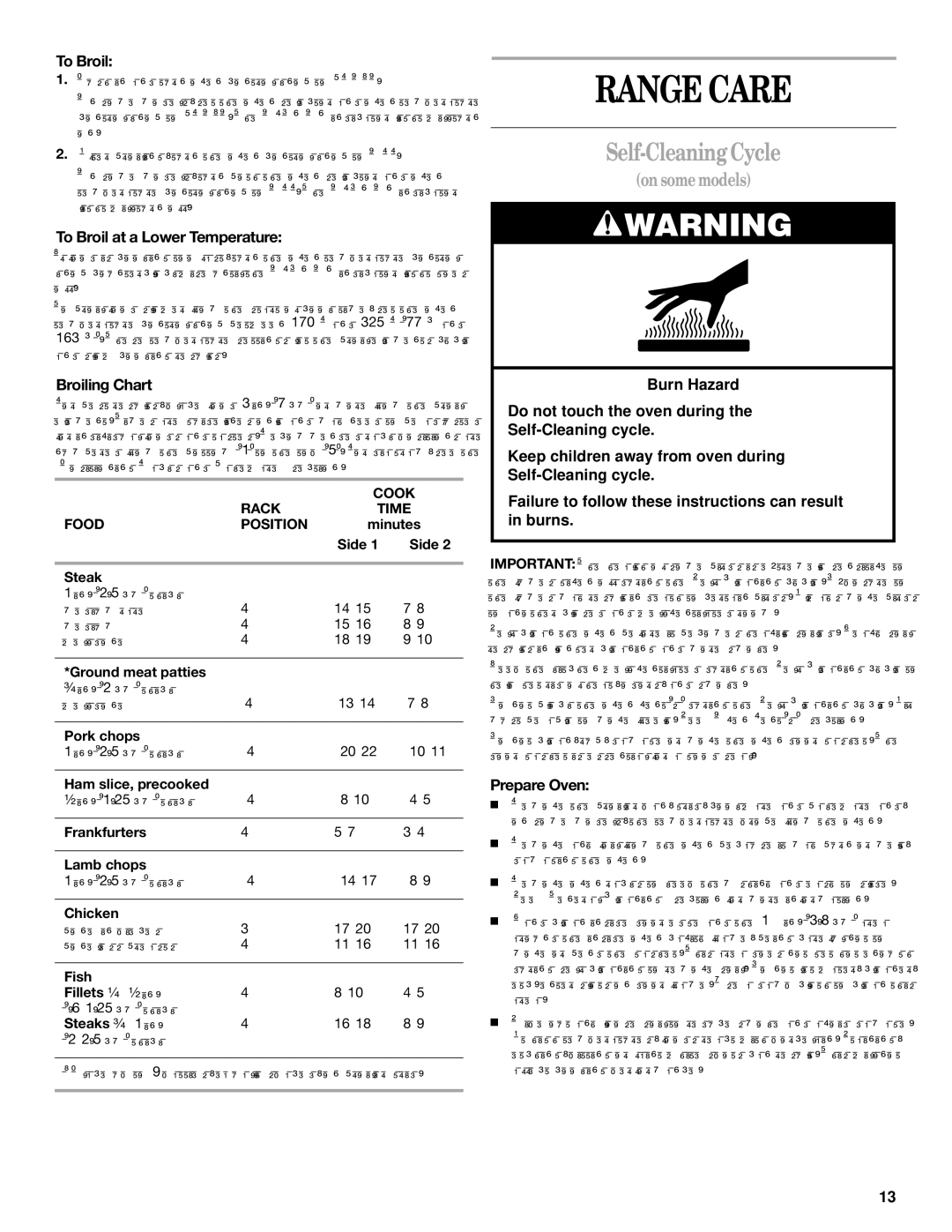 Whirlpool RF366PXG, RF364BXG, RF365PXG, RF362BXG, RF340BXH, RF341BXH manual Range Care, Self-Cleaning Cycle 