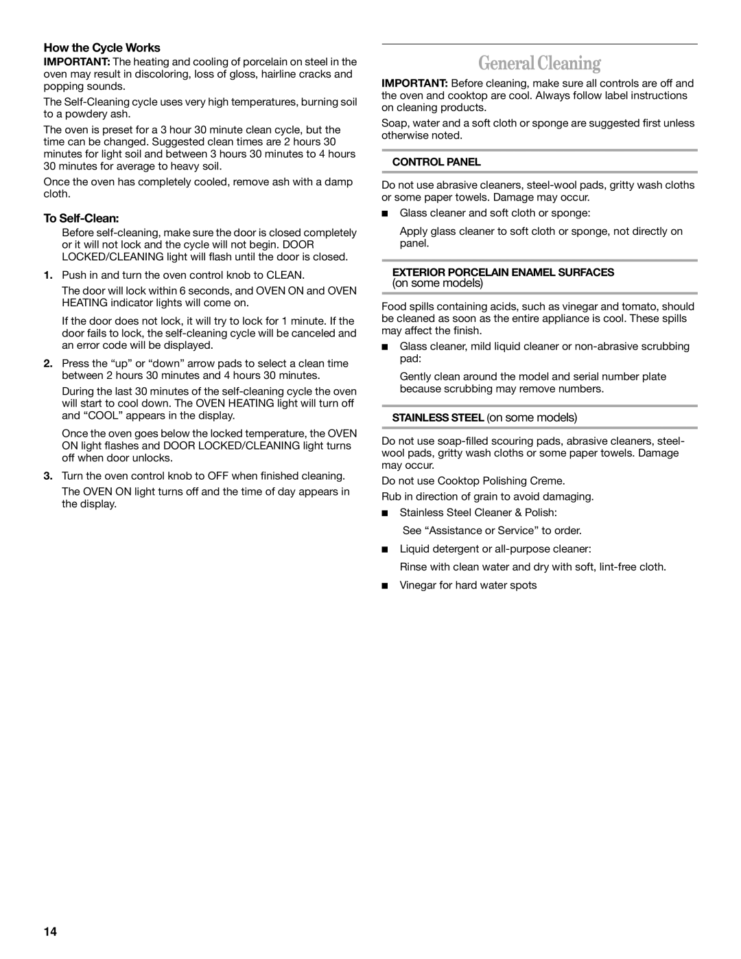 Whirlpool RF365PXG General Cleaning, How the Cycle Works, To Self-Clean, Control Panel, Exterior Porcelain Enamel Surfaces 