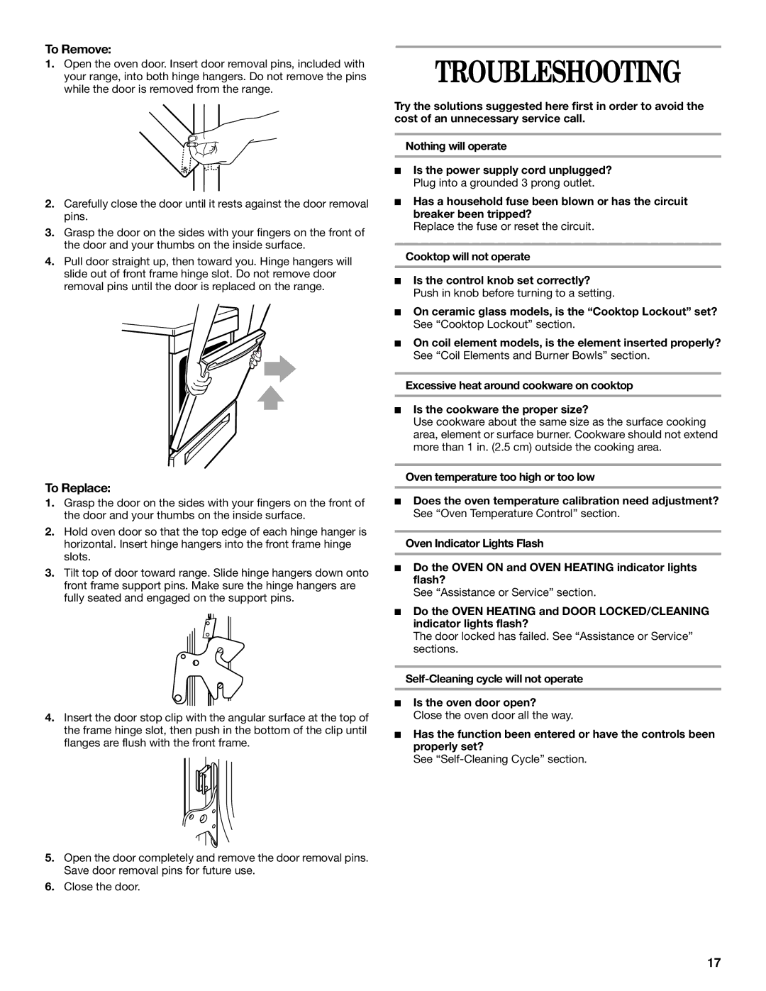 Whirlpool RF341BXH, RF364BXG, RF366PXG manual Troubleshooting, Self-Cleaning cycle will not operate Is the oven door open? 