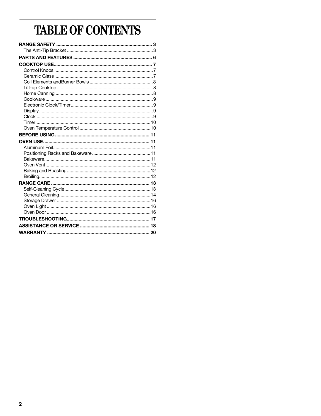 Whirlpool RF365PXG, RF364BXG, RF366PXG, RF362BXG, RF340BXH, RF341BXH manual Table of Contents 