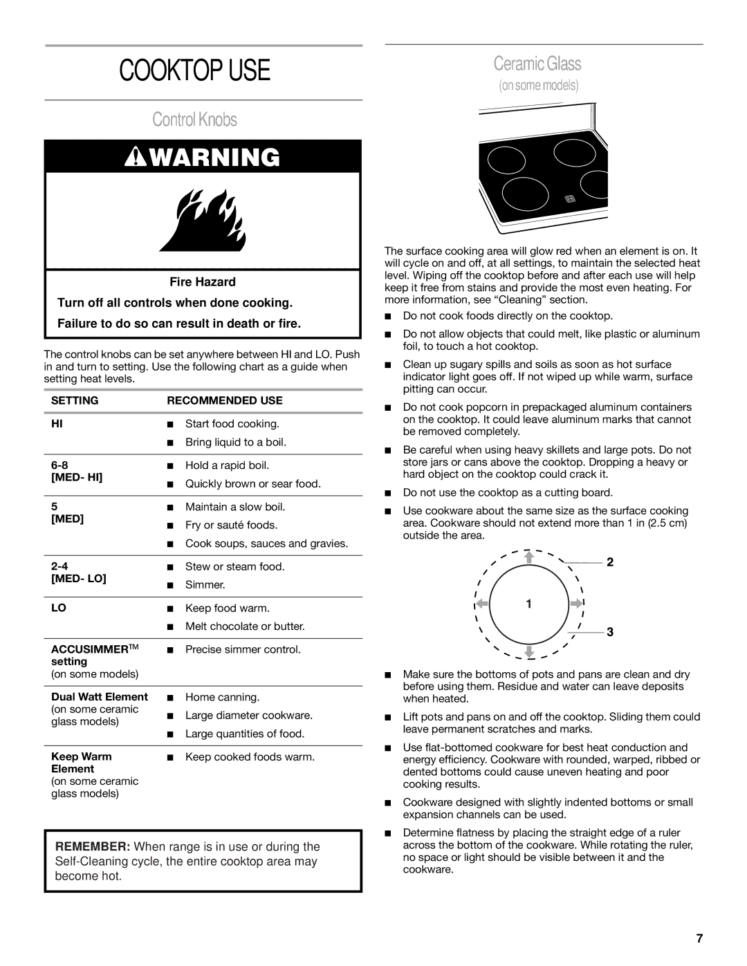 Whirlpool RF366PXG, RF364BXG, RF365PXG, RF362BXG, RF340BXH, RF341BXH manual Cooktop USE, Control Knobs, Ceramic Glass 