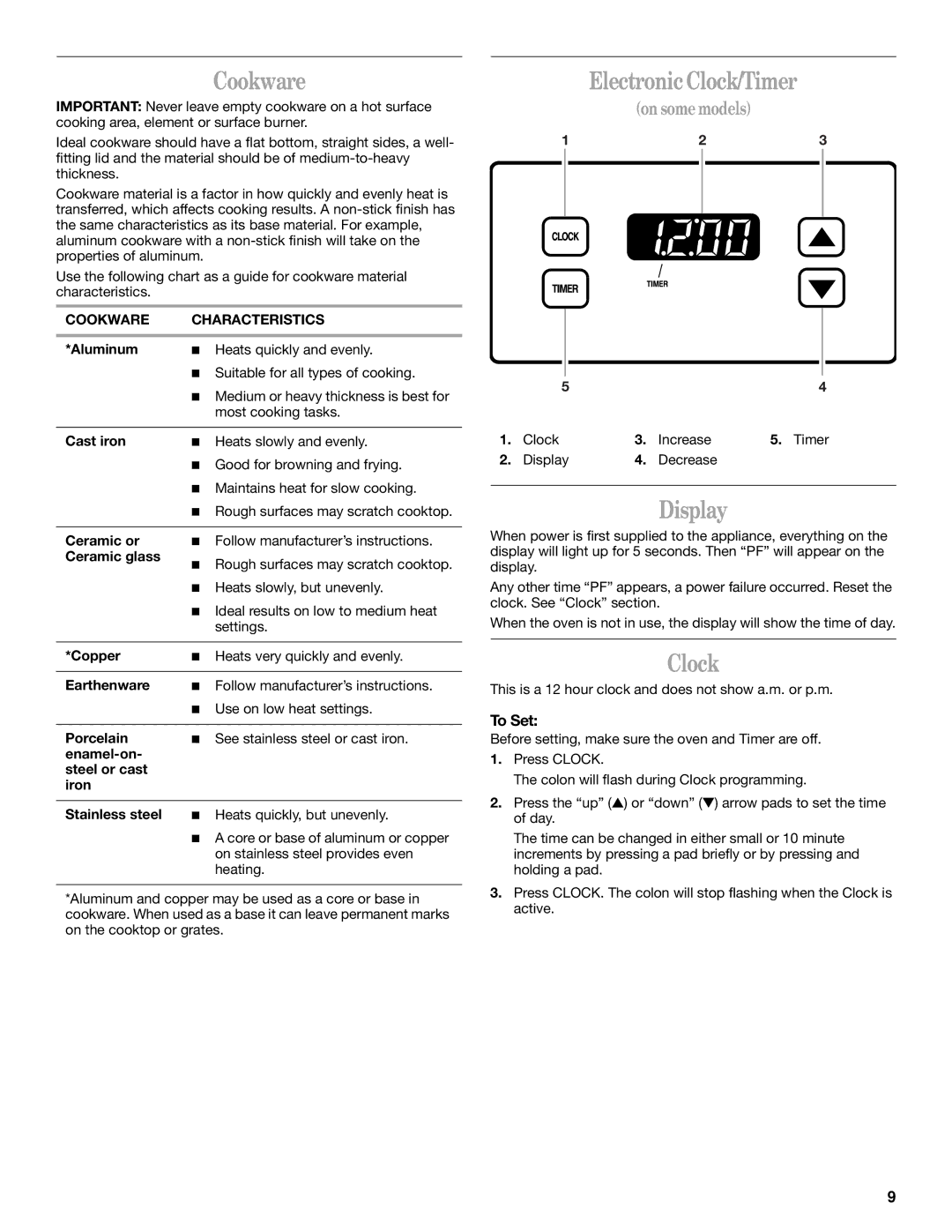 Whirlpool RF362BXG, RF364BXG, RF366PXG, RF365PXG, RF340BXH, RF341BXH manual Cookware, Electronic Clock/Timer, Display, To Set 