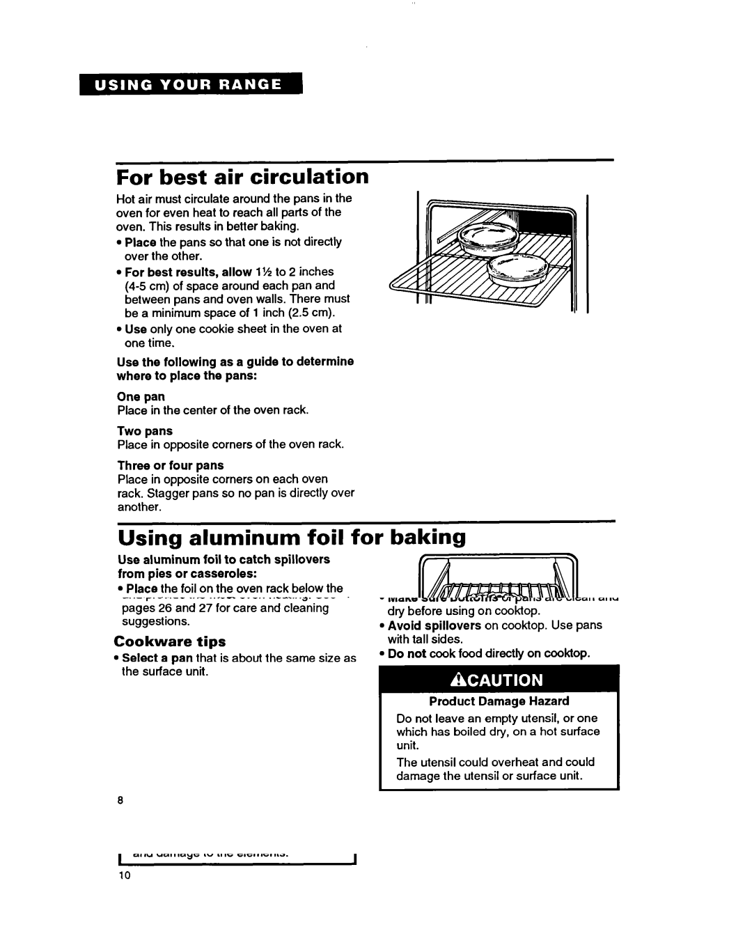 Whirlpool RF364PSB manual For best air circulation, Using aluminum foil for baking, Two pans, Three or four pans 