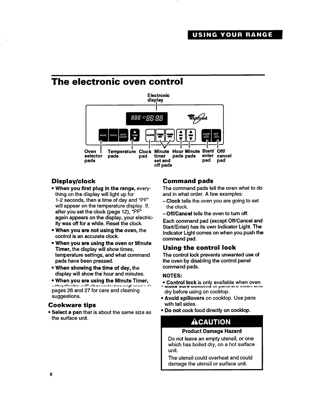 Whirlpool RF364PSB manual Electronic oven control, Display/clock, Command pads, Using the control lock 