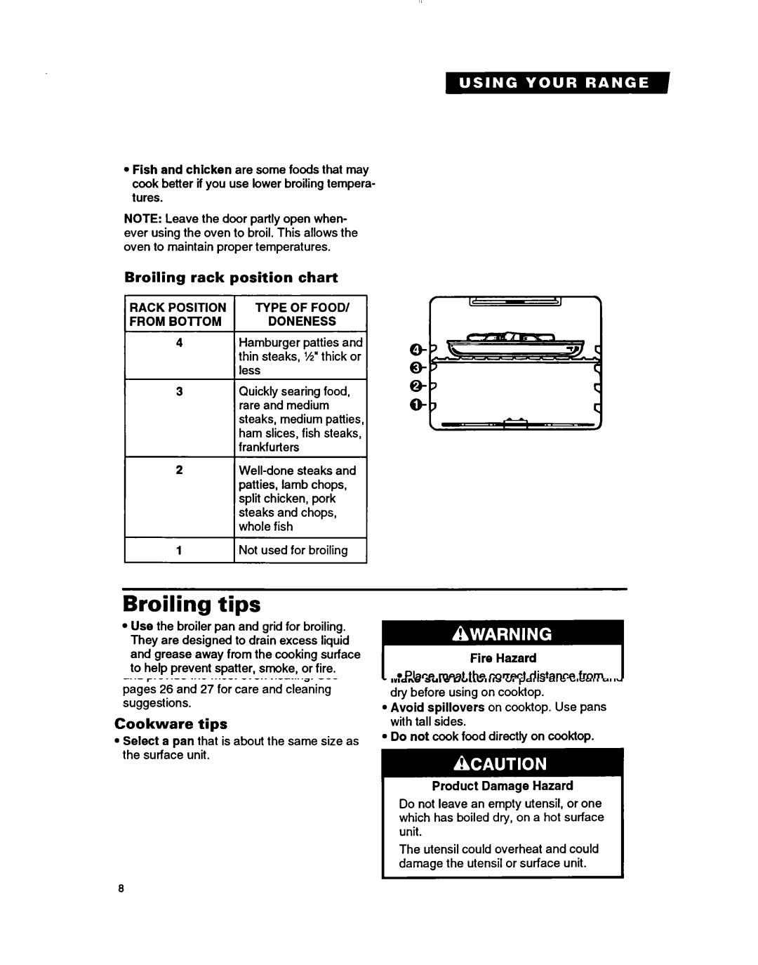 Whirlpool RF364PSB manual Broiling tips, Broiling rack position chart, Rack Position Type of Food, From BOlTOM Doneness 