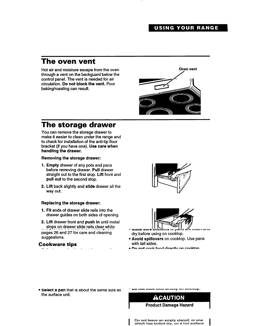 Whirlpool RF364PSB manual Oven vent, Storage drawer, Removing the storage drawer, Replacing the storage drawer 