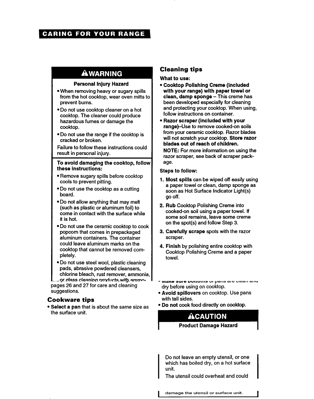 Whirlpool RF364PSB manual Cleaning tips, To avoid damaging the cooktop, follow these instructions, Steps to follow 