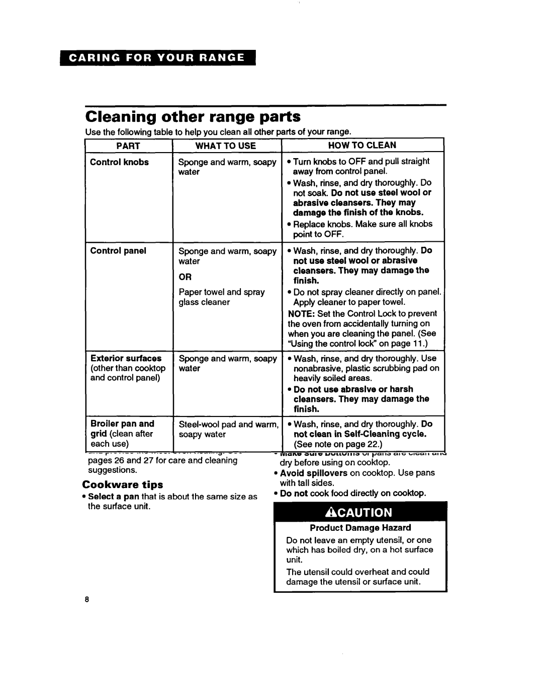 Whirlpool RF364PSB manual Cleaning Other Range, Vou clean all other Darts of your range, Part What to USE HOW to Clean 