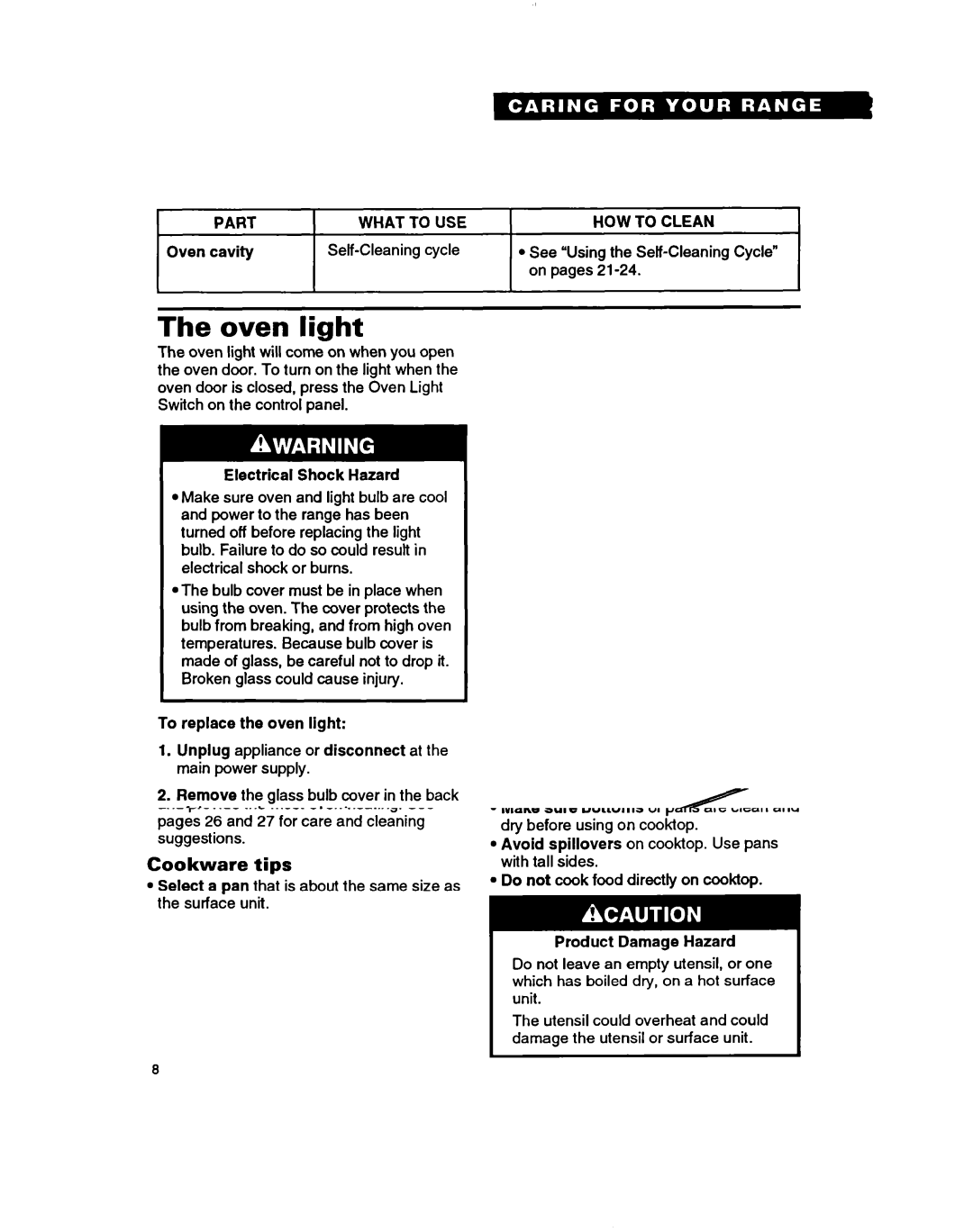 Whirlpool RF364PSB manual Oven light, Oven cavity, To replace the oven light 