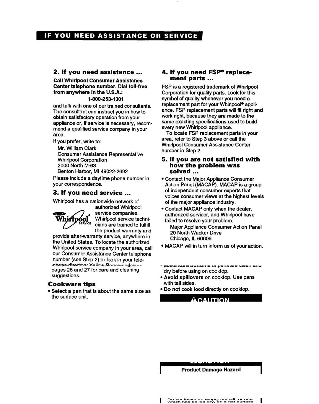 Whirlpool RF364PSB manual If you need assistance, If you need service, If you need FSP’ replace- ment parts, North M-63 