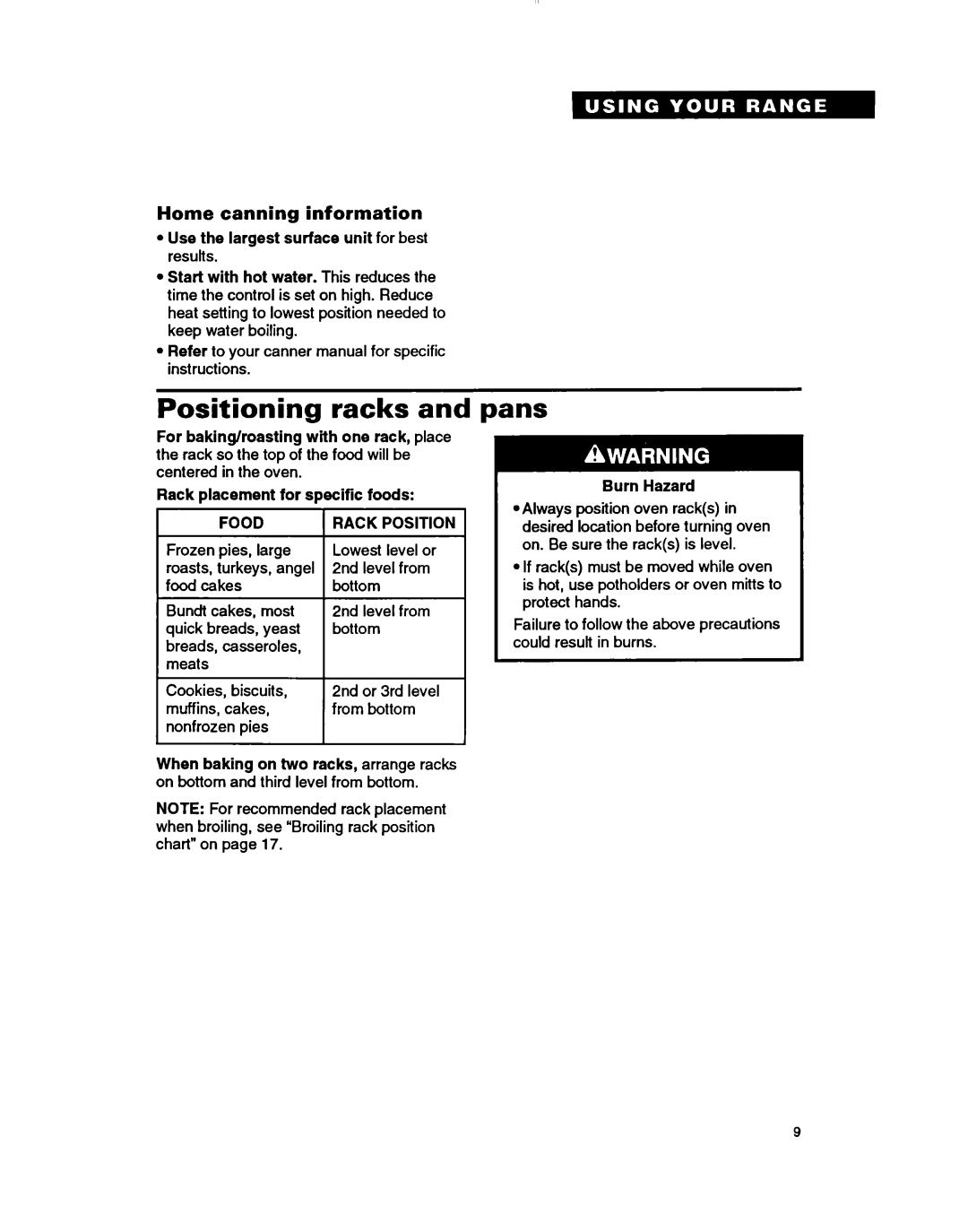 Whirlpool RF364PSB manual Positioning Racks Pans, Home canning information, For baking/roasting with one rack, place 