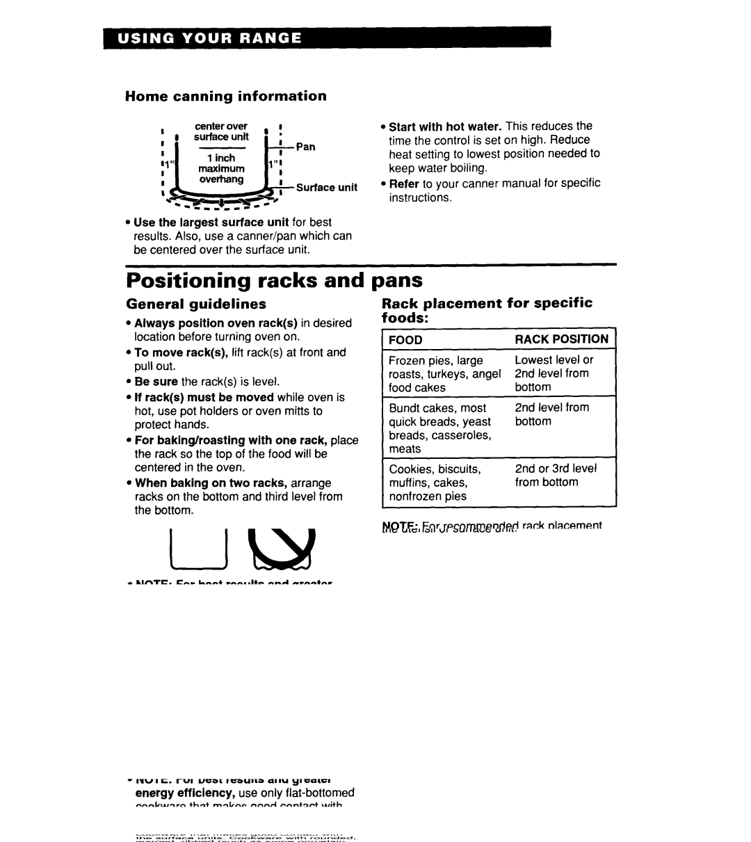 Whirlpool RF364PXD manual Positioning racks, Pans, Home canning information, General guidelines 