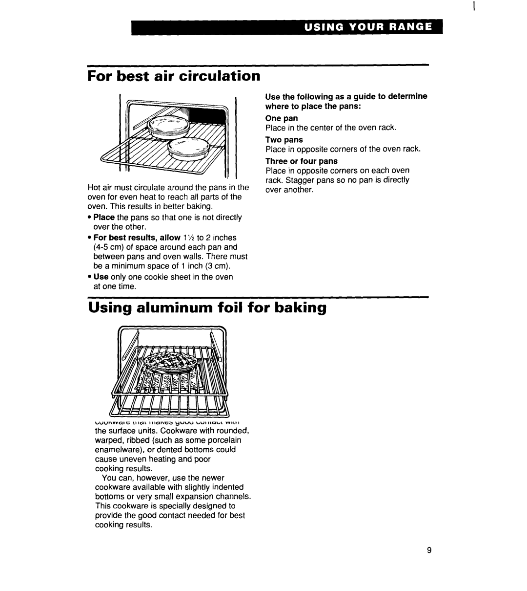 Whirlpool RF364PXD manual For best air circulation, Using aluminum foil for baking, Two pans, Three or four pans 