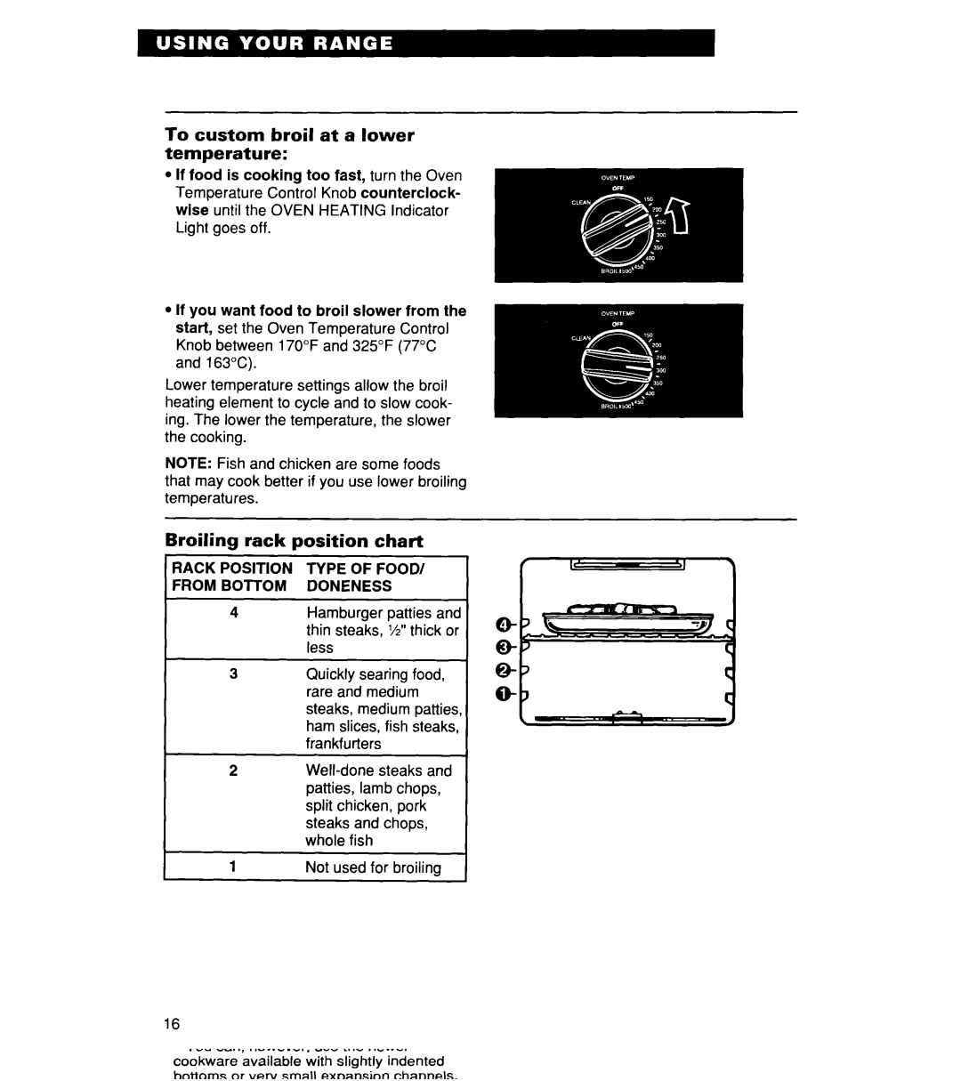 Whirlpool RF364PXD manual To custom broil at a lower temperature, Broiling rack position chart 