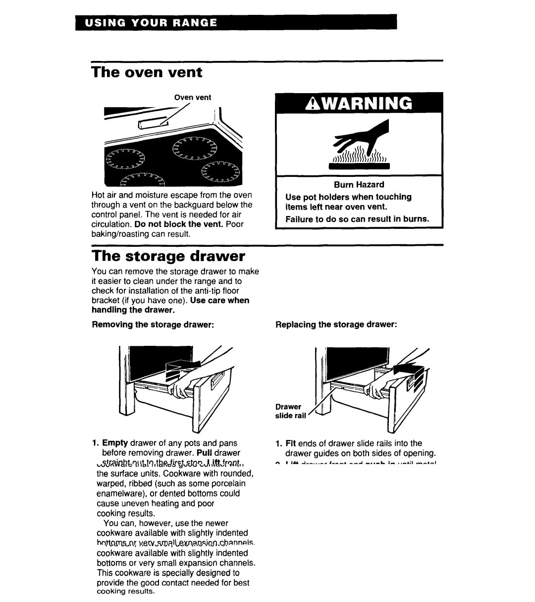 Whirlpool RF364PXD manual Oven vent, Storage Drawer, Burn Hazard, Failure to do so can result in burns 