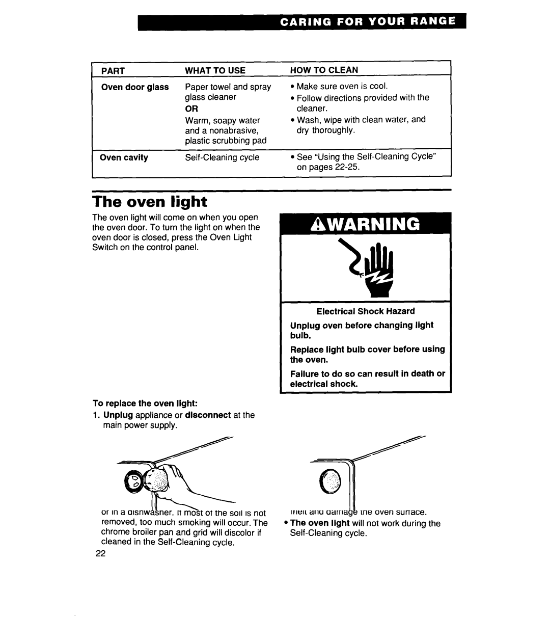 Whirlpool RF364PXD manual Oven light, Part What to USE, HOW to Clean 