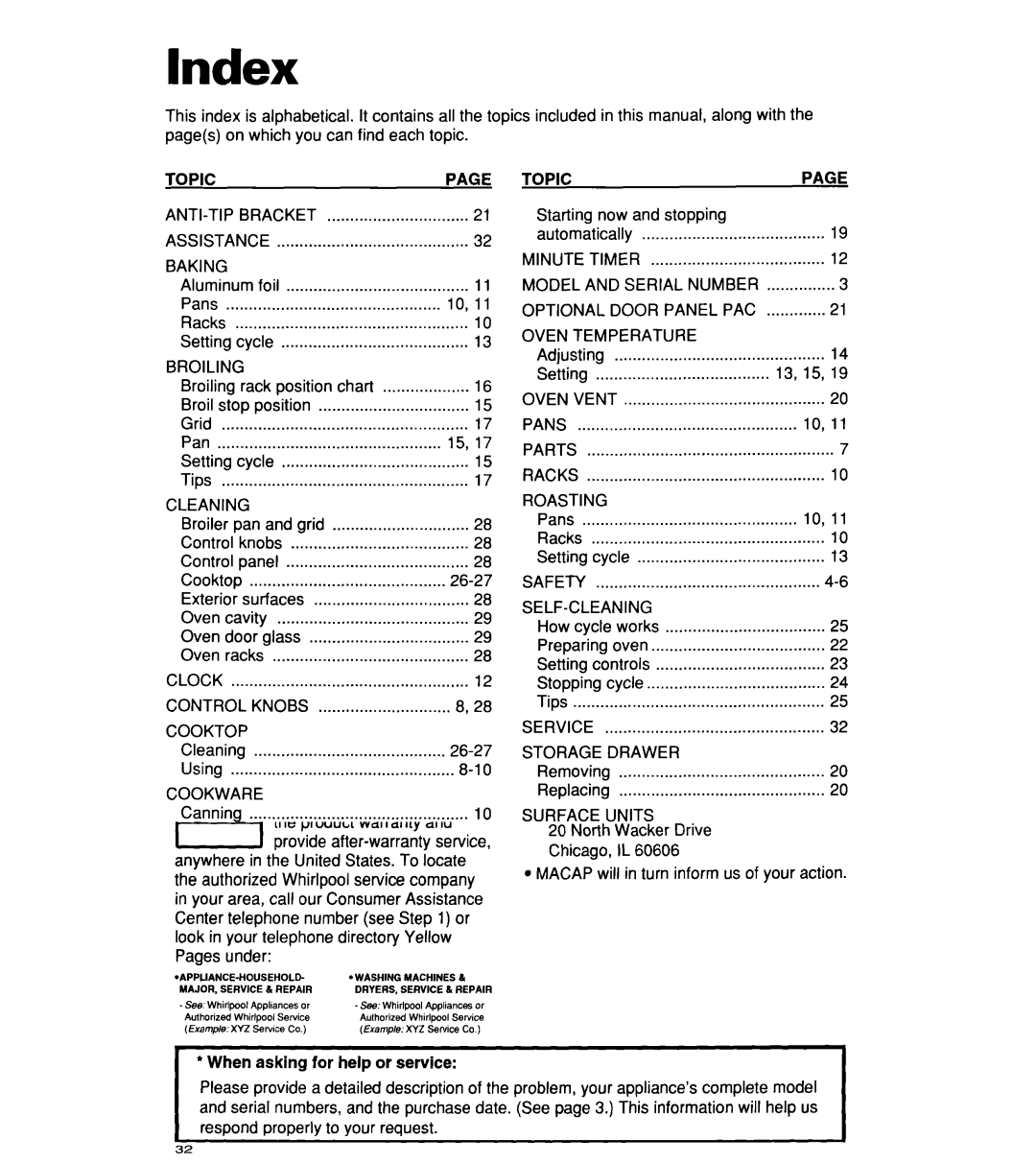 Whirlpool RF364PXD manual Index, Topic 