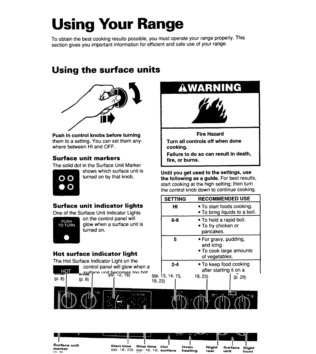 Whirlpool RF364PXD manual Using Your Range, Using the surface units, Surface unit markers, Surface unit indicator lights 