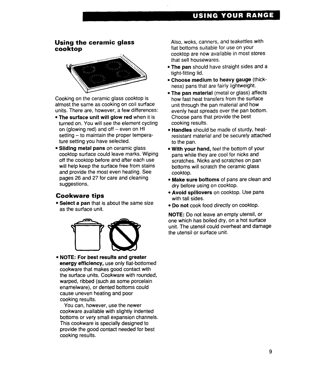 Whirlpool RF364PXD manual Using the ceramic glass cooktop, Cookware tips 