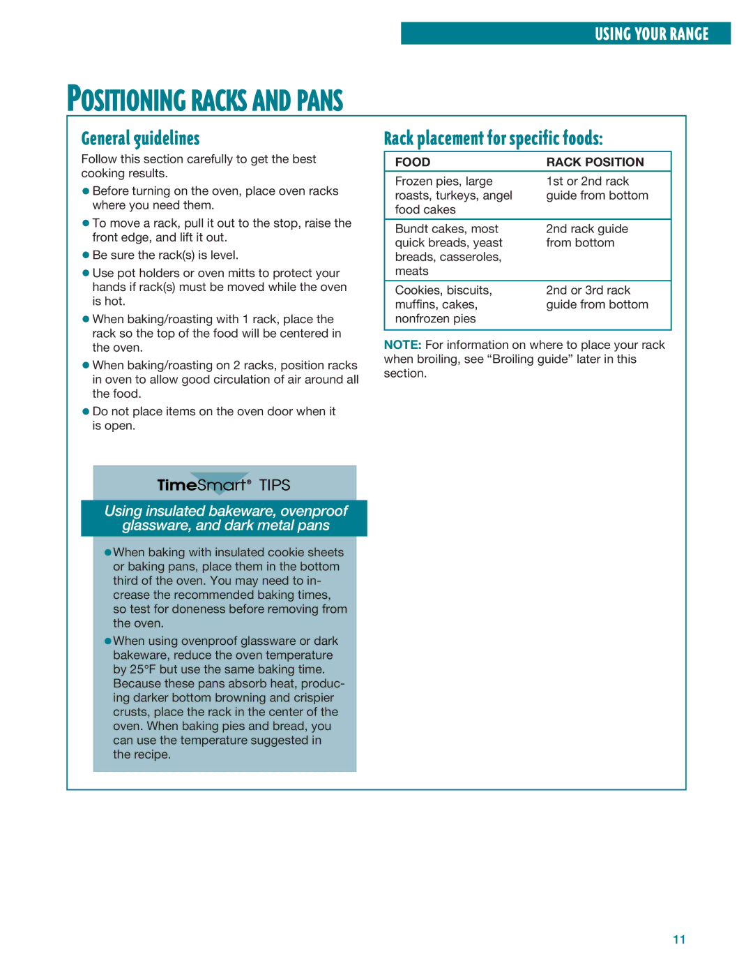 Whirlpool RF360PXE Positioning Racks and Pans, General guidelines, Rack placement for specific foods, Food Rack Position 