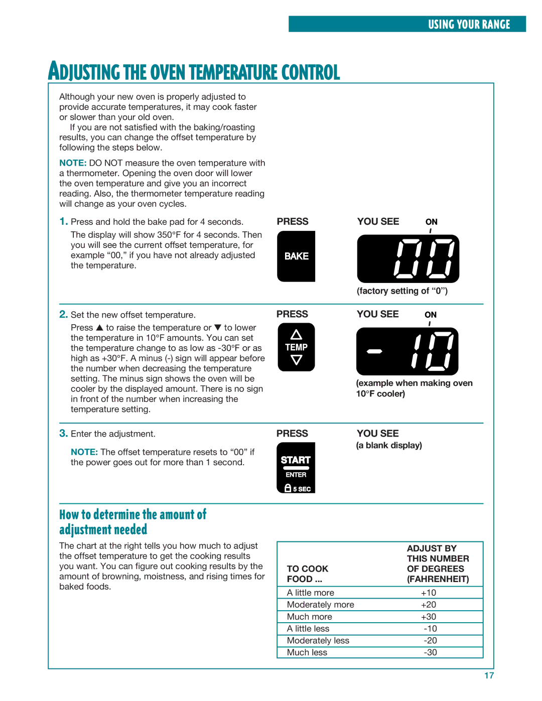 Whirlpool RF364BXE, RF364PXE, RF360BXE, RF360PXE warranty Adjust by, This Number, To Cook Degrees, Fahrenheit 