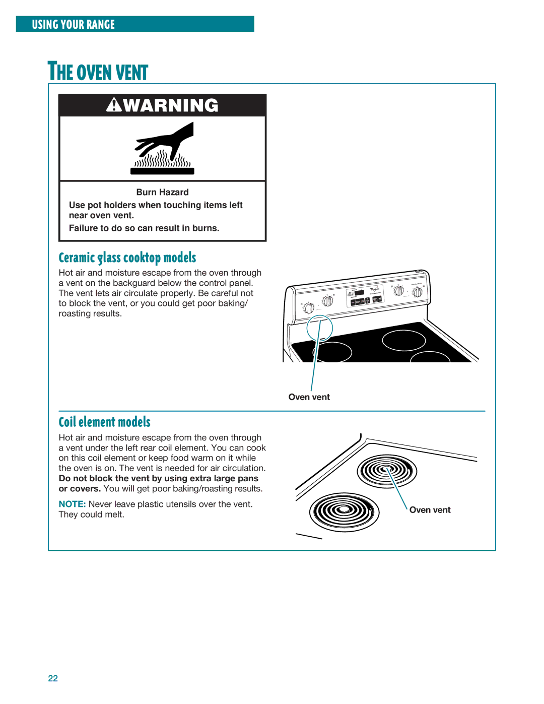 Whirlpool RF360BXE, RF364PXE, RF364BXE, RF360PXE warranty Oven Vent, Ceramic glass cooktop models, Coil element models 