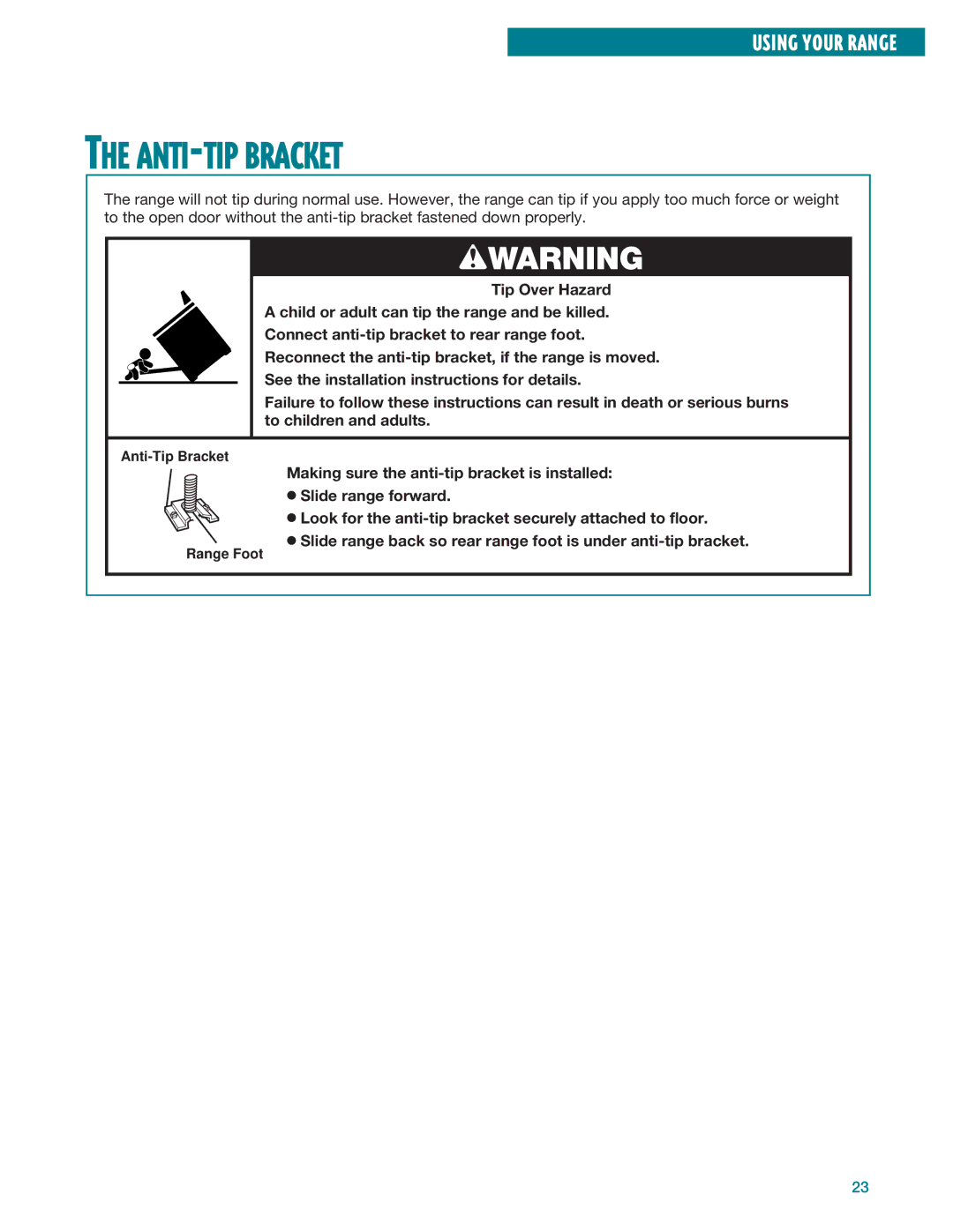 Whirlpool RF360PXE, RF364PXE, RF364BXE, RF360BXE warranty ANTI-TIP Bracket, Wwarning 